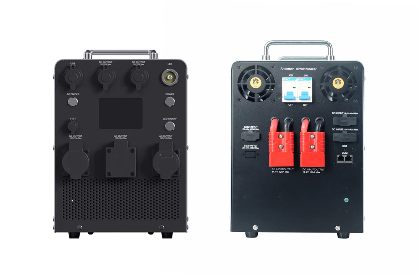 Comvolt 6000 power station with front and back views on a white background