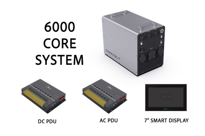 comvolt power station components including a 6000 core system, DC PDU, AC PDU, and 7-inch smart display on a white background.