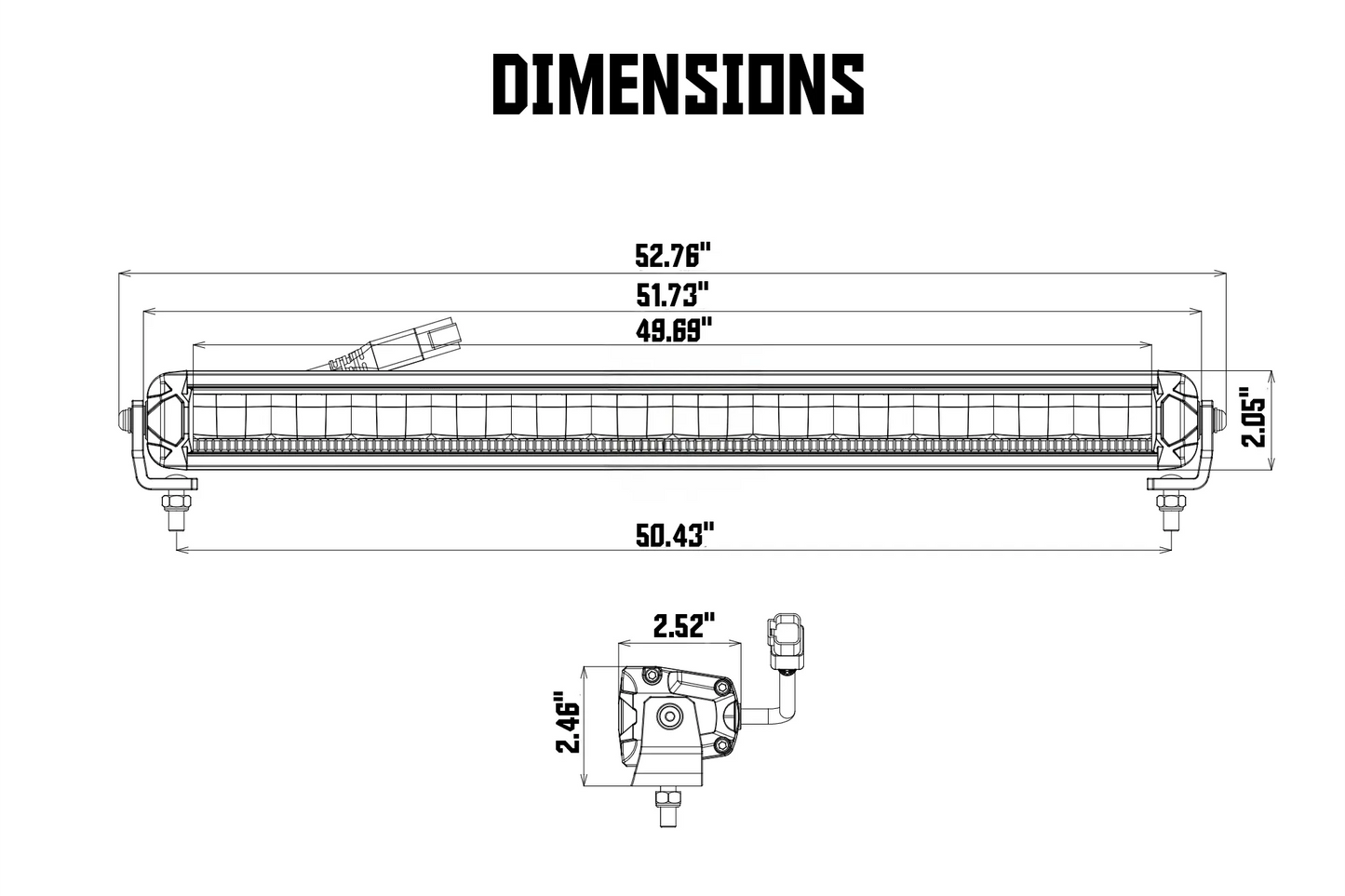 Technical drawing of the LED light bar with labeled dimensions A through H in inches for installation reference.