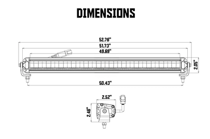 Technical drawing of the LED light bar with labeled dimensions A through H in inches for installation reference.