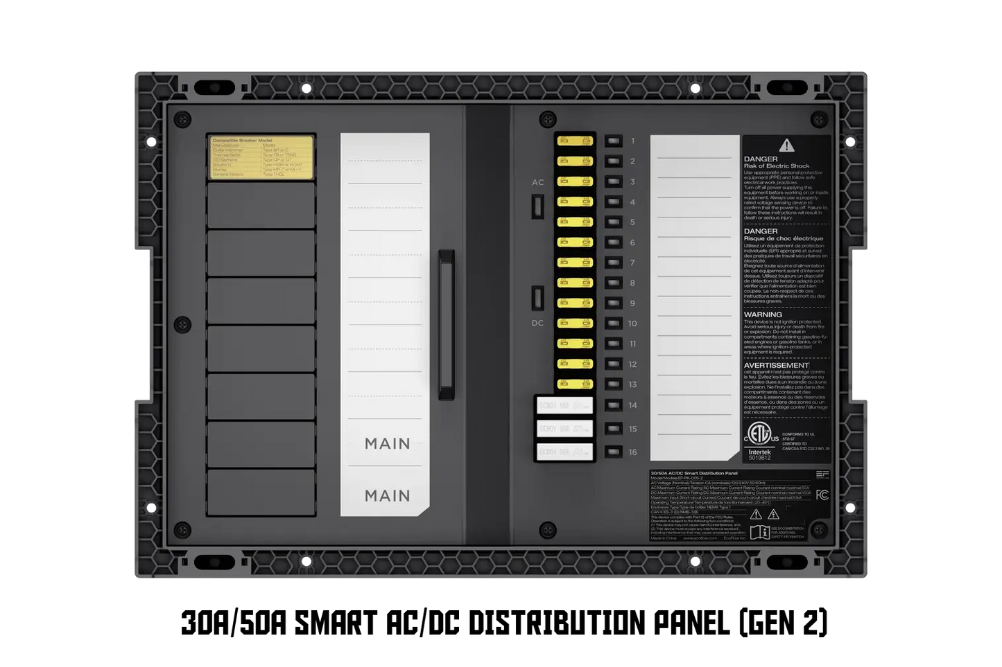 EcoFlow 50A smart AC/DC distribution panel with labeled circuit breakers for off-grid or RV electrical systems.