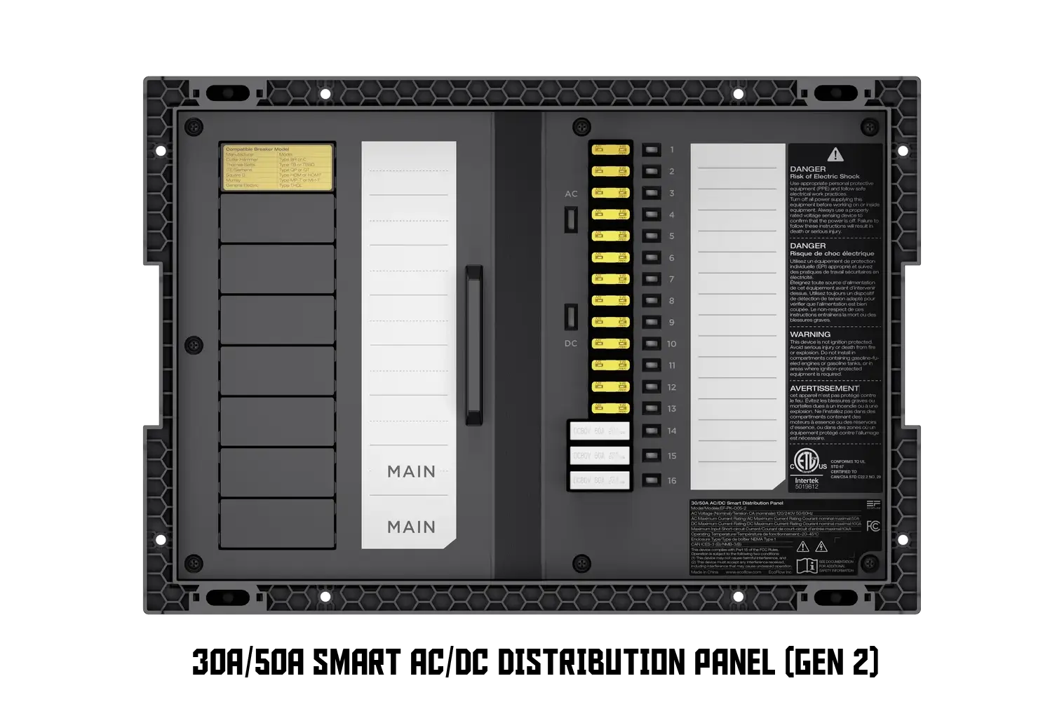 EcoFlow 50A smart AC/DC distribution panel with labeled circuit breakers for off-grid or RV electrical systems.