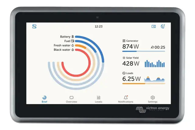 Tablet displaying energy management software with various metrics on the screen, branded 'Victron Energy'.