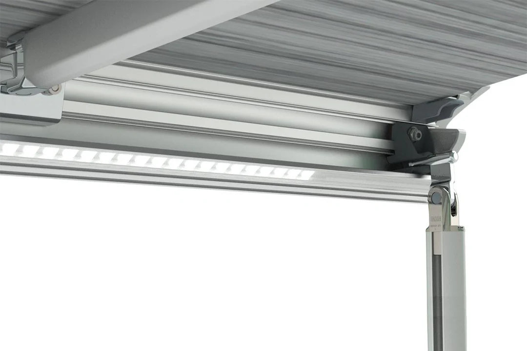 Close-up view of the LED light strip and PVC lenses for the Fiamma F80S/F65L awning, highlighting the high-quality construction and easy installation.