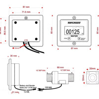 Technical diagram of a water meter with dimensions and connections labeled.