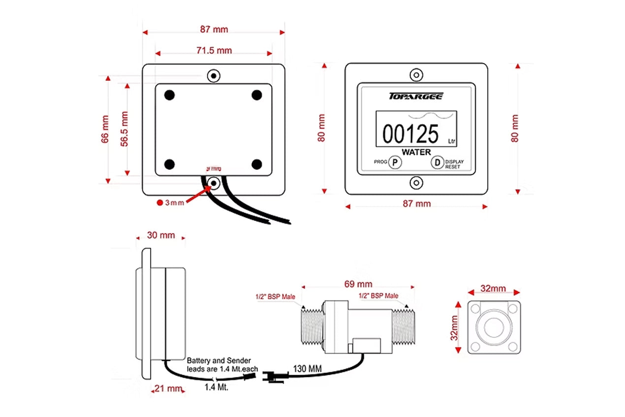 Technical diagram of a water meter with dimensions and connections labeled.