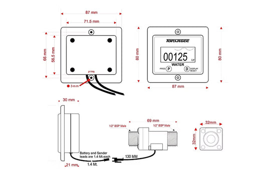 Technical diagram of a water meter with dimensions and connections labeled.