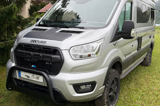 White van with black roof rack on grassy area with trees in the background