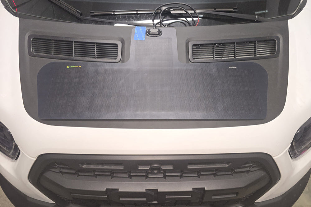 45W hood-mounted flexible solar panel installed on Ford Transit van for off-grid charging