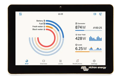 Digital display screen with energy monitoring software on a white background, featuring the Victron Energy logo.
