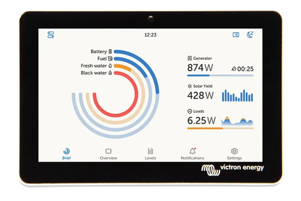 Digital display screen with energy monitoring software on a white background, featuring the Victron Energy logo.