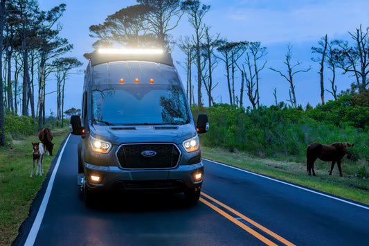 A Ford transit van with bright headlights and roof lightbar driving on a rural road at dusk, with trees and horses visible on both sides of the road.