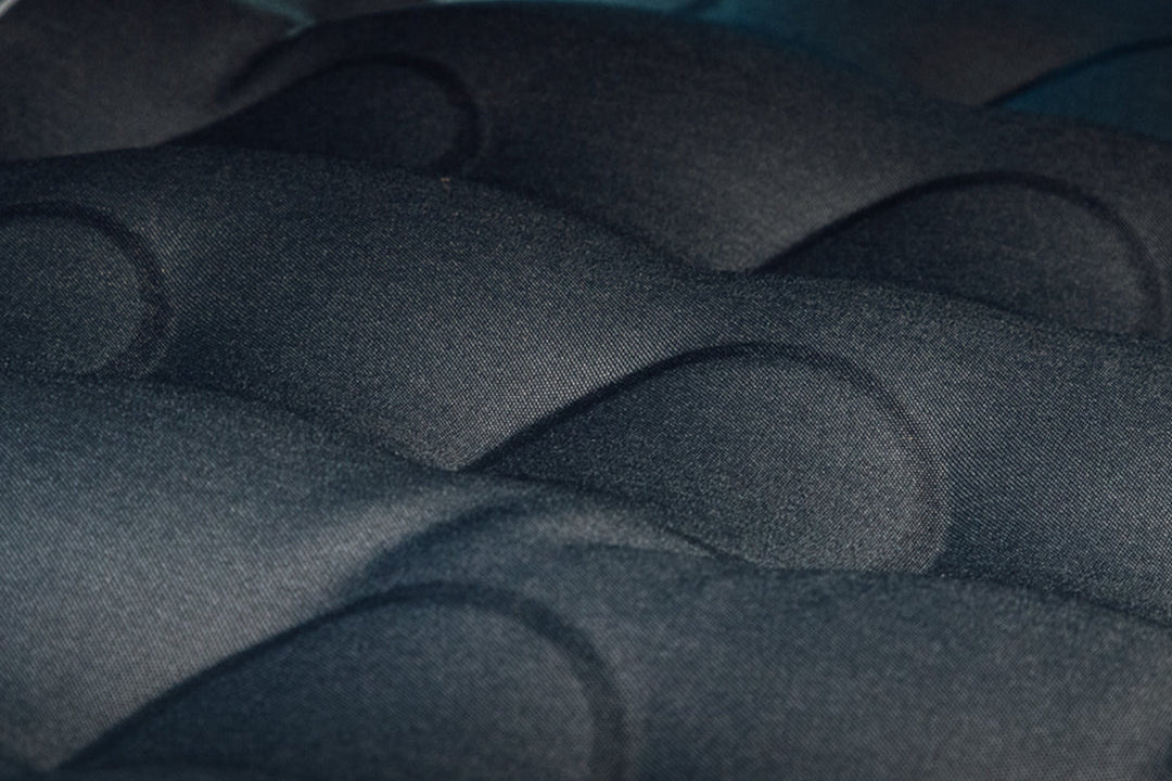 Close-up of durable, 300D Oxford, puncture-proof fabric with text overlay. 