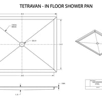 Technical drawing of a Tetravan in-floor shower pan with dimensions and specifications.