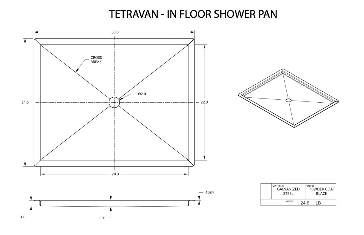 Technical drawing of a Tetravan in-floor shower pan with dimensions and specifications.