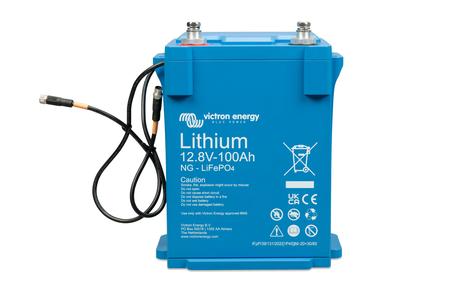 Victron Lithium NG LiFePO4 Battery 12.8V 100Ah – front angle view with compact IP65 housing and smart monitoring terminals