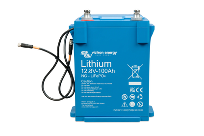 Victron Lithium NG LiFePO4 Battery 12.8V 100Ah – front angle view with compact IP65 housing and smart monitoring terminals