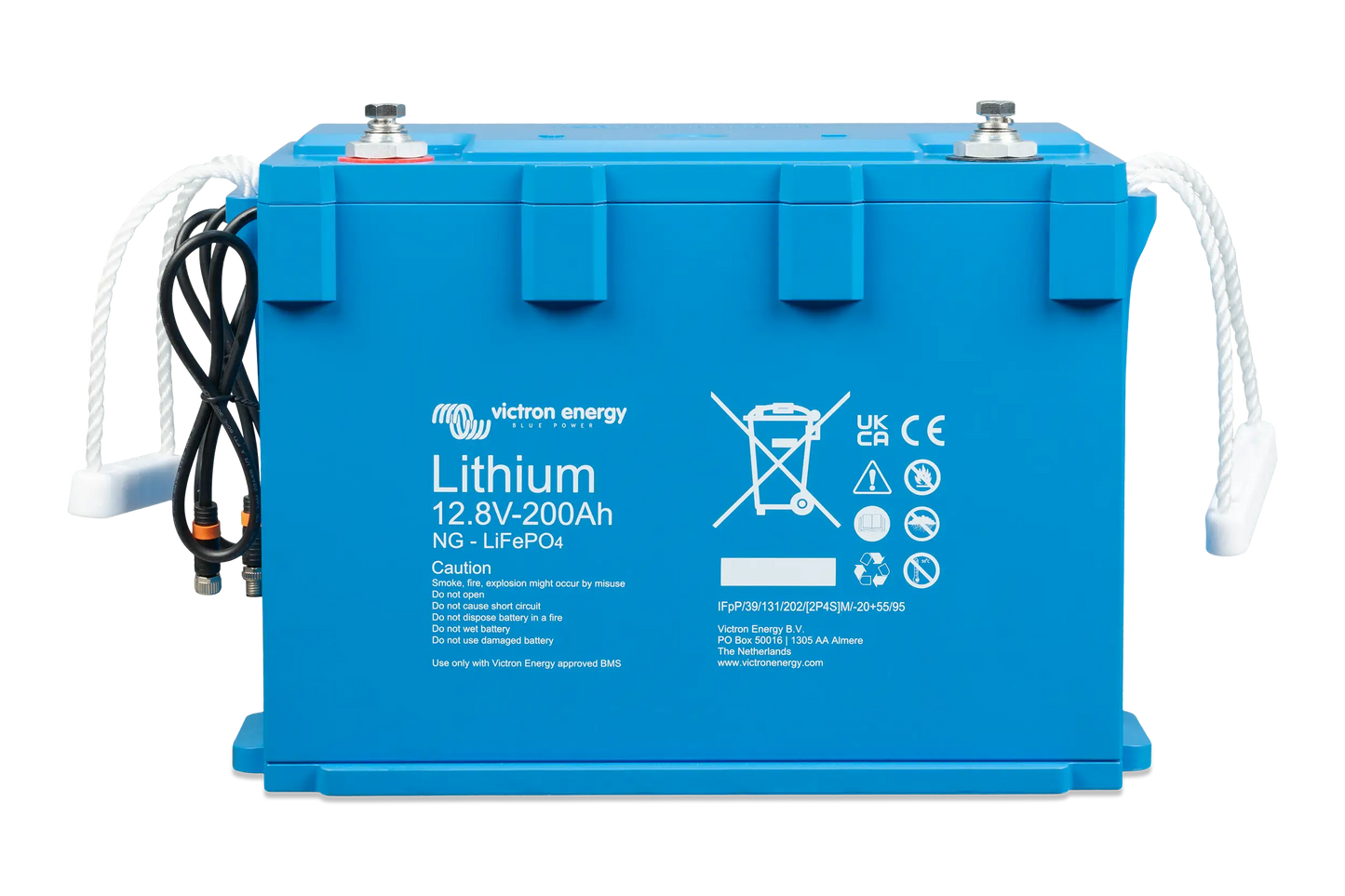 Victron Lithium NG LiFePO4 Battery 12.8V 200Ah – front angle view highlighting compact design, IP65-rated housing, and smart shunt terminals