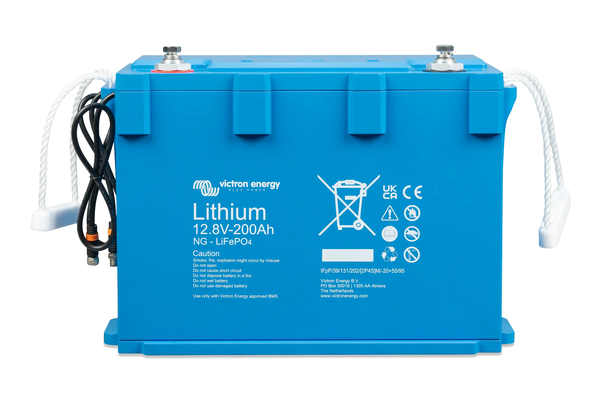 Victron Lithium NG LiFePO4 Battery 12.8V 200Ah – front angle view highlighting compact design, IP65-rated housing, and smart shunt terminals