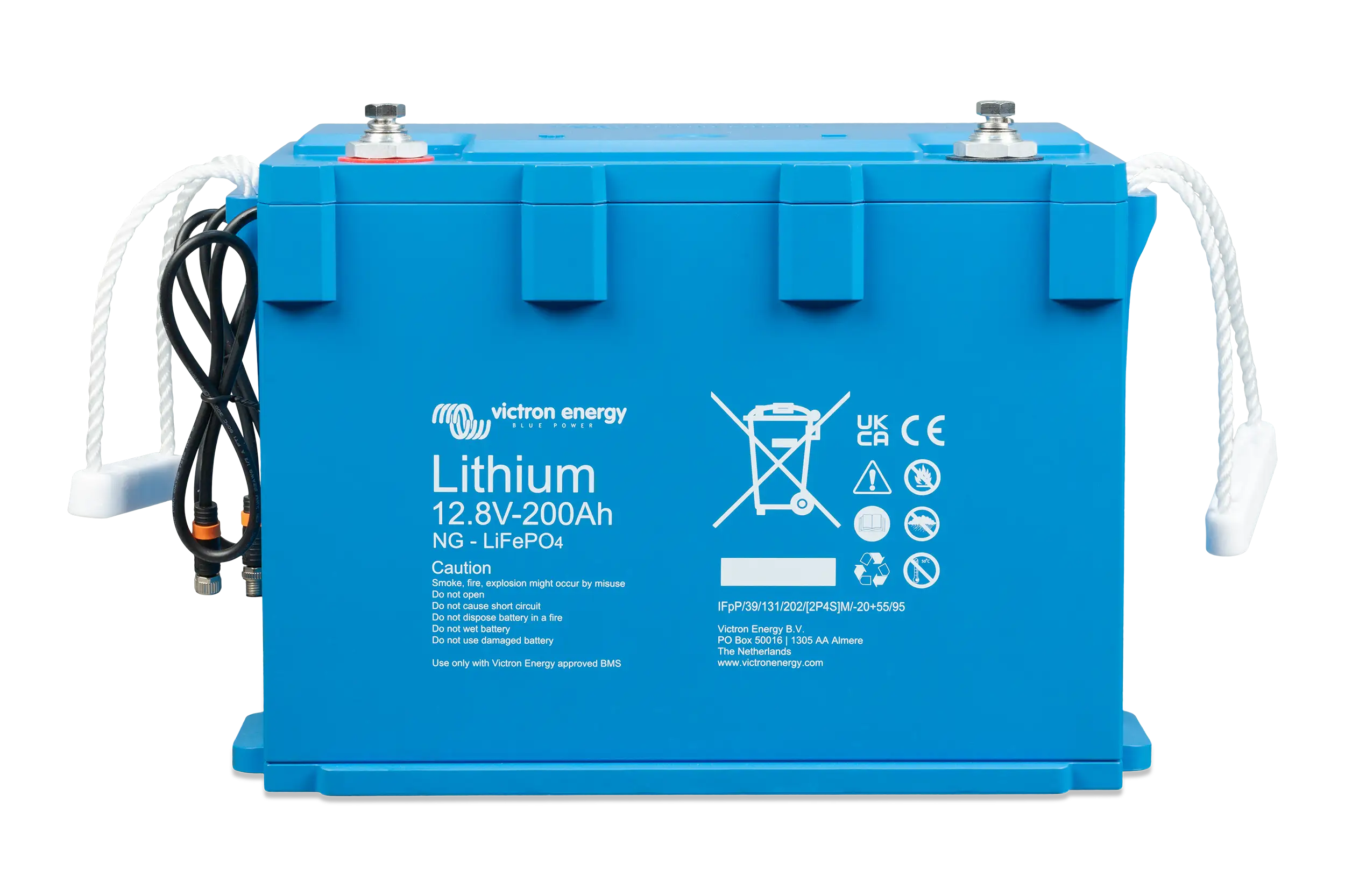 Victron Lithium NG LiFePO4 Battery 12.8V 200Ah – front angle view highlighting compact design, IP65-rated housing, and smart shunt terminals