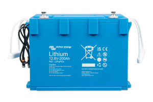 Victron Lithium NG LiFePO4 Battery 12.8V 200Ah – front angle view highlighting compact design, IP65-rated housing, and smart shunt terminals