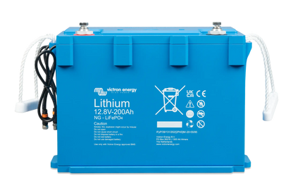 Victron Lithium NG LiFePO4 Battery 12.8V 200Ah – front angle view highlighting compact design, IP65-rated housing, and smart shunt terminals