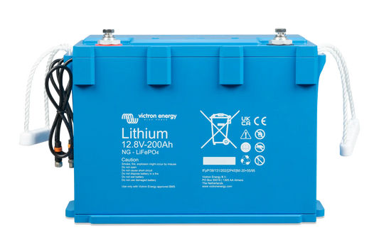 Victron Lithium NG LiFePO4 Battery 12.8V 200Ah – front angle view highlighting compact design, IP65-rated housing, and smart shunt terminals