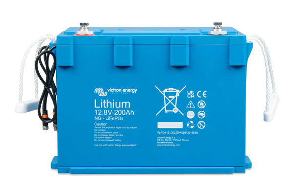 Victron Lithium NG LiFePO4 Battery 12.8V 200Ah – front angle view highlighting compact design, IP65-rated housing, and smart shunt terminals