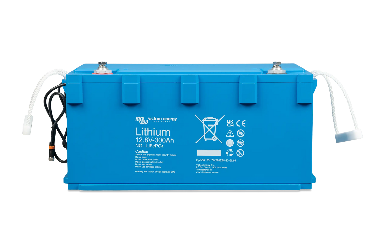Victron Lithium NG LiFePO4 Battery 12.8V 300Ah – front angle view showing compact IP65 housing and smart terminal layout