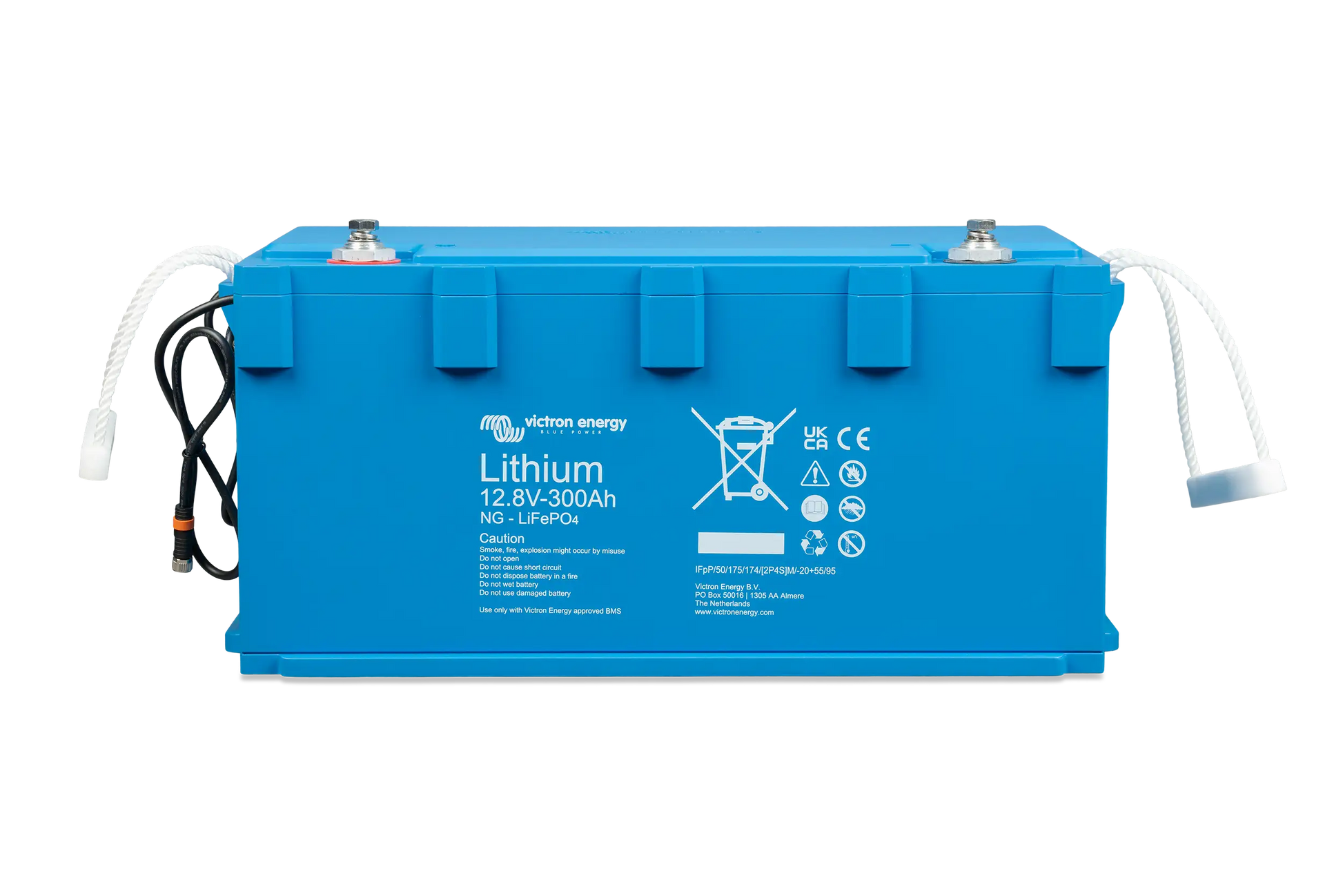 Victron Lithium NG LiFePO4 Battery 12.8V 300Ah – front angle view showing compact IP65 housing and smart terminal layout
