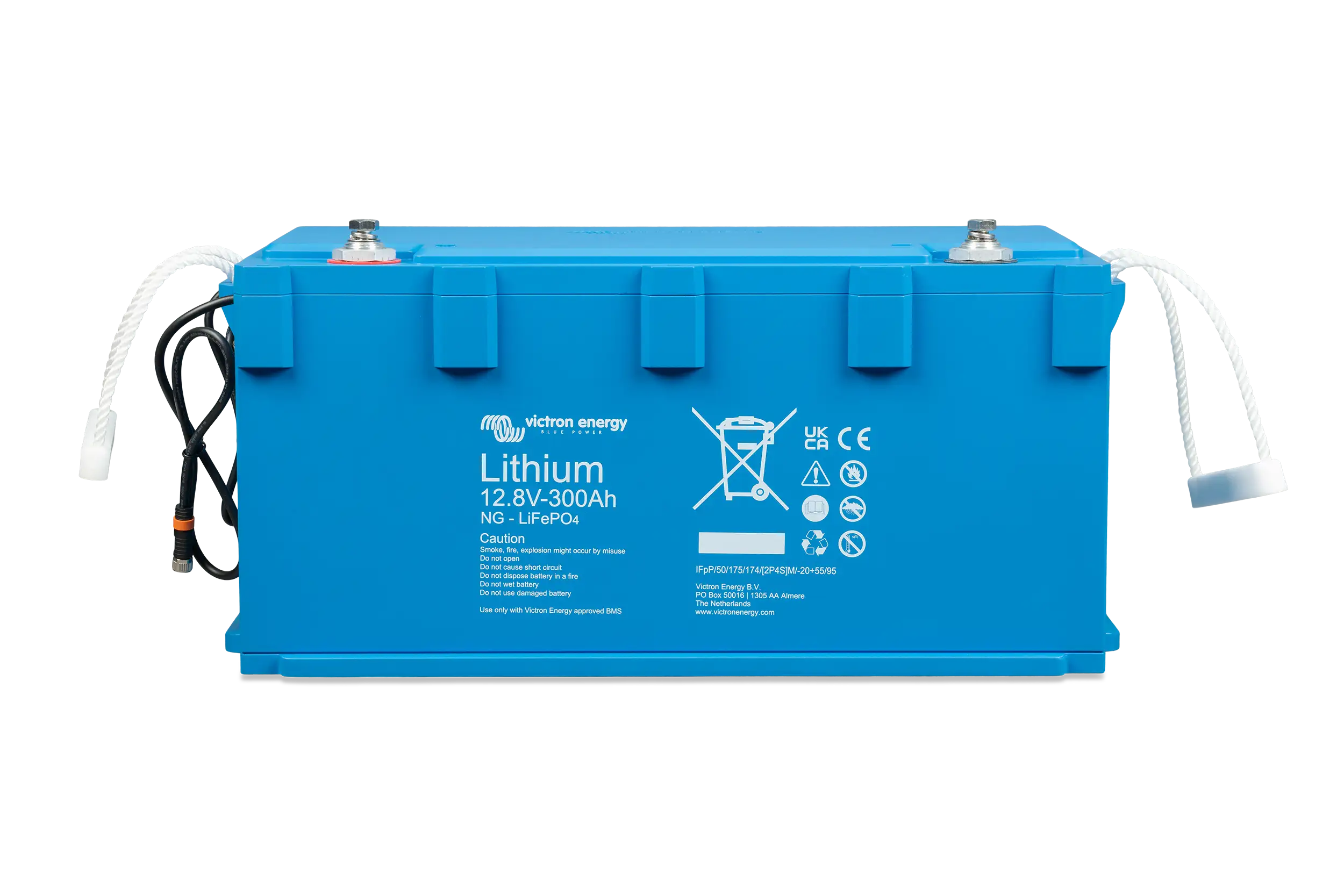 Victron Lithium NG LiFePO4 Battery 12.8V 300Ah – front angle view showing compact IP65 housing and smart terminal layout