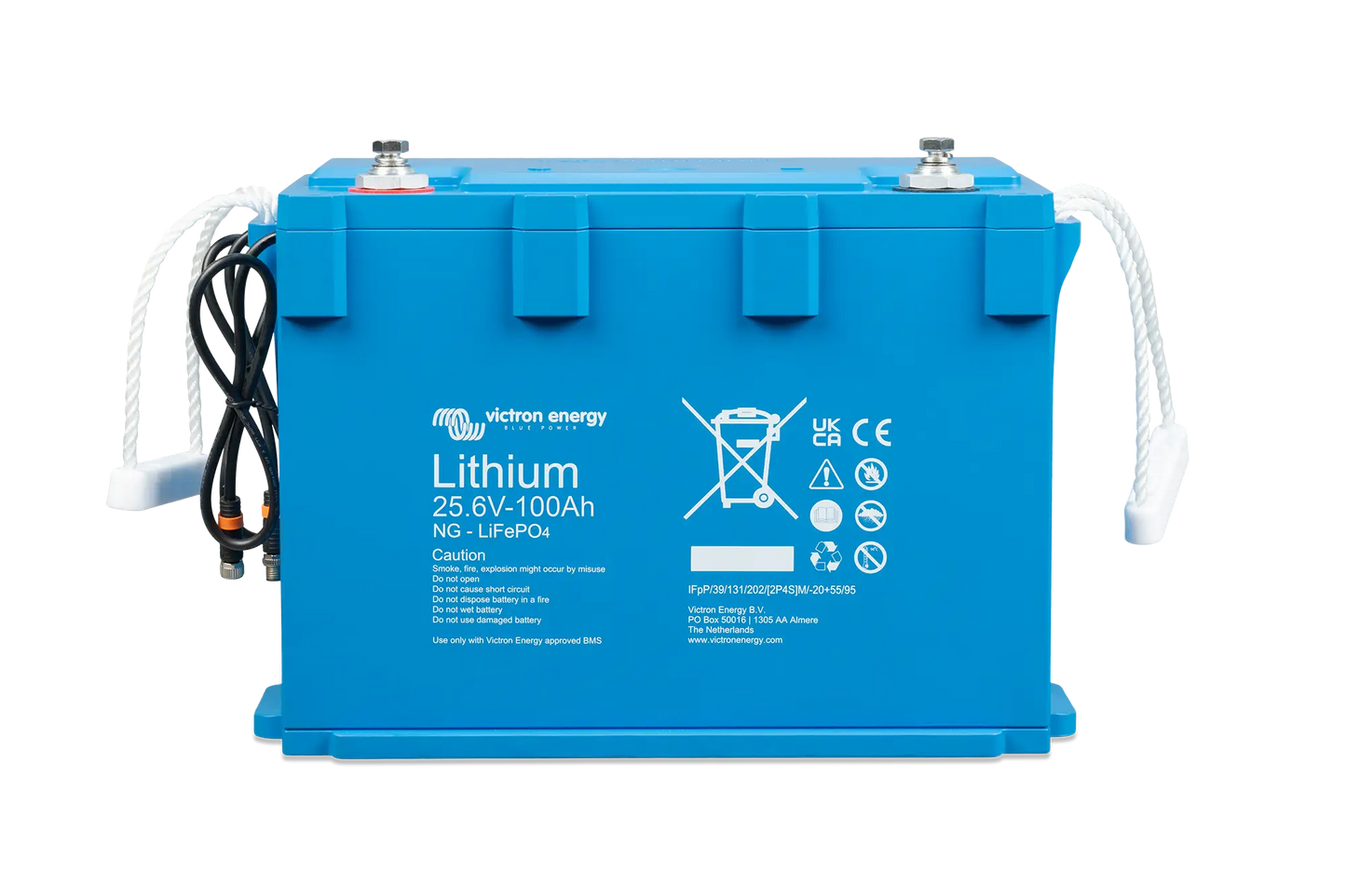Victron Lithium NG LiFePO4 Battery 25.6V 100Ah – front angle view with durable IP65 enclosure and integrated smart monitoring terminals
