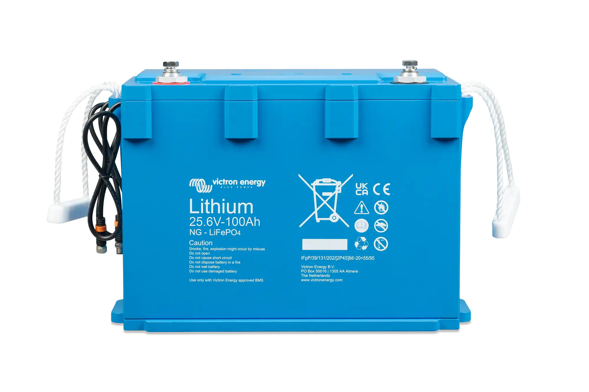 Victron Lithium NG LiFePO4 Battery 25.6V 100Ah – front angle view with durable IP65 enclosure and integrated smart monitoring terminals