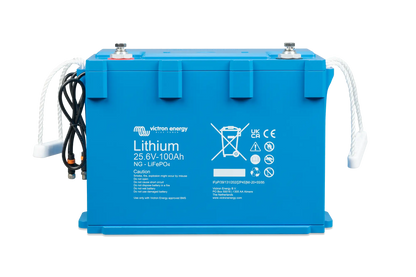 Victron Lithium NG LiFePO4 Battery 25.6V 100Ah – front angle view with durable IP65 enclosure and integrated smart monitoring terminals