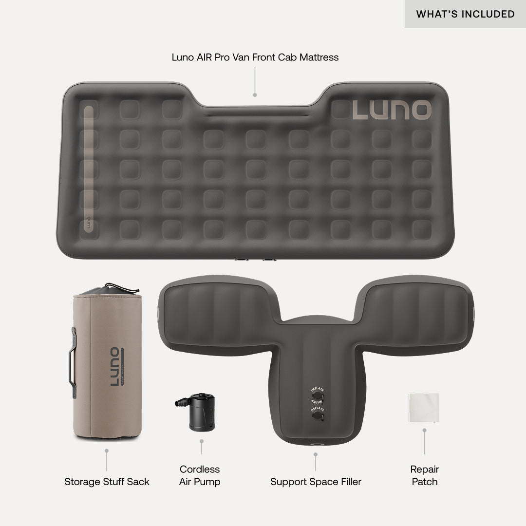 Luno inflatable van front cab mattress with accessories on a white background