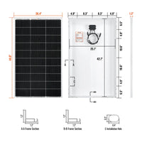Technical diagram of a rich 150w 12v solar panel with dimensions and structural details.
