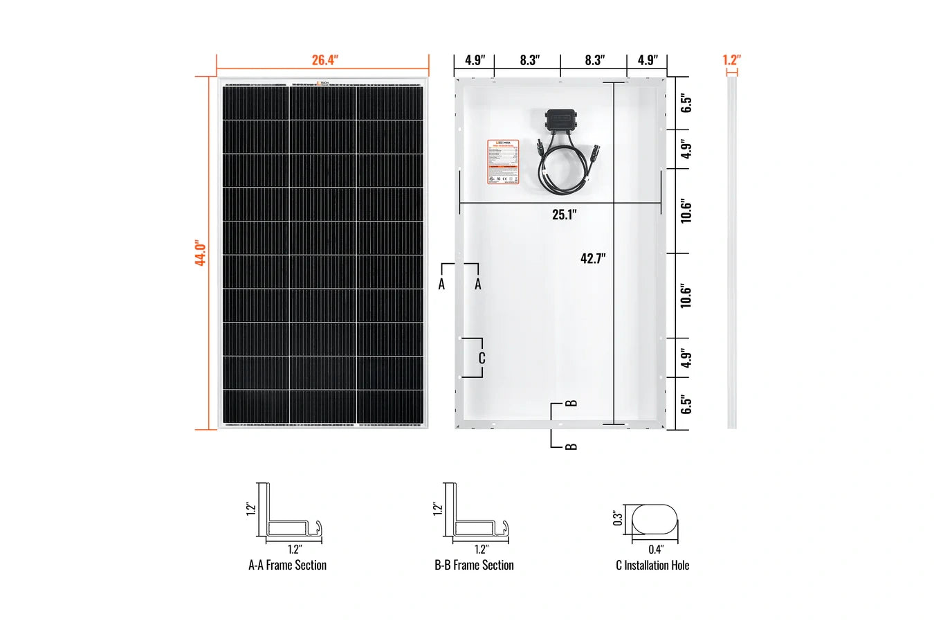 Technical diagram of a rich 150w 12v solar panel with dimensions and structural details.