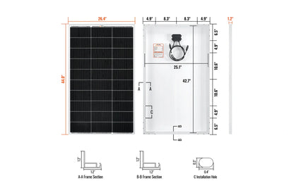 Technical diagram of a rich 150w 12v solar panel with dimensions and structural details.
