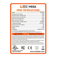 Rich Solar Mega 150 solar panel label with specifications and certifications on a white background