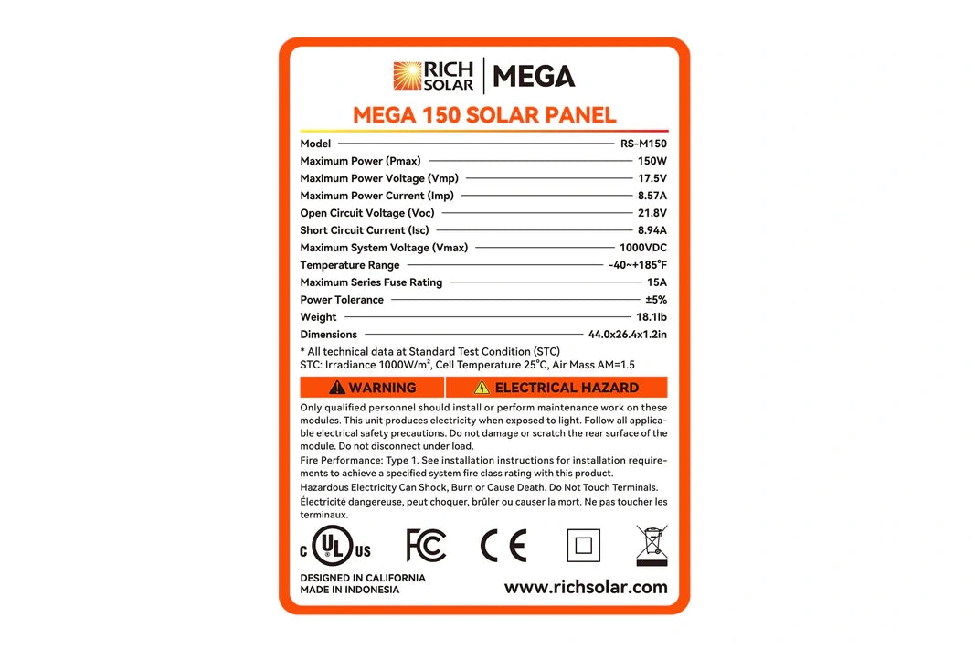 Rich Solar Mega 150 solar panel label with specifications and certifications on a white background