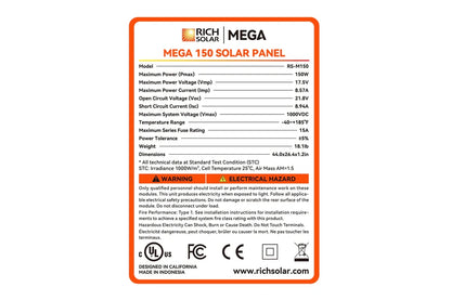 Rich Solar Mega 150 solar panel label with specifications and certifications on a white background