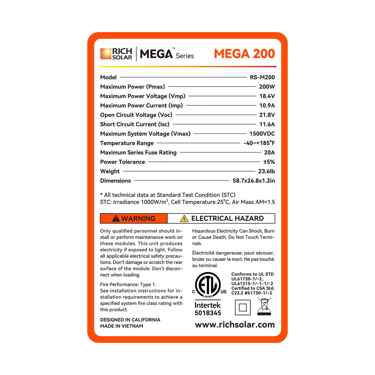 200w Rich solar panel specs