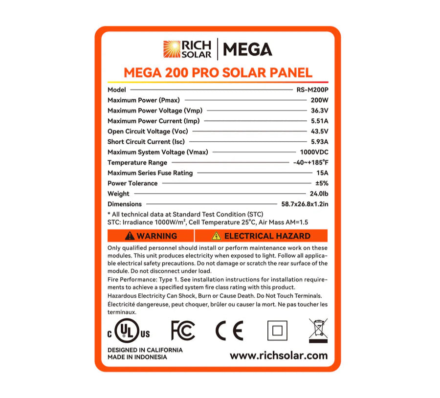 Rich Solar Mega 200 Pro solar panel label with specifications and branding.