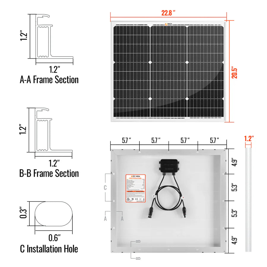 rich 50w Solar panel with dimensions and frame section details on a white background