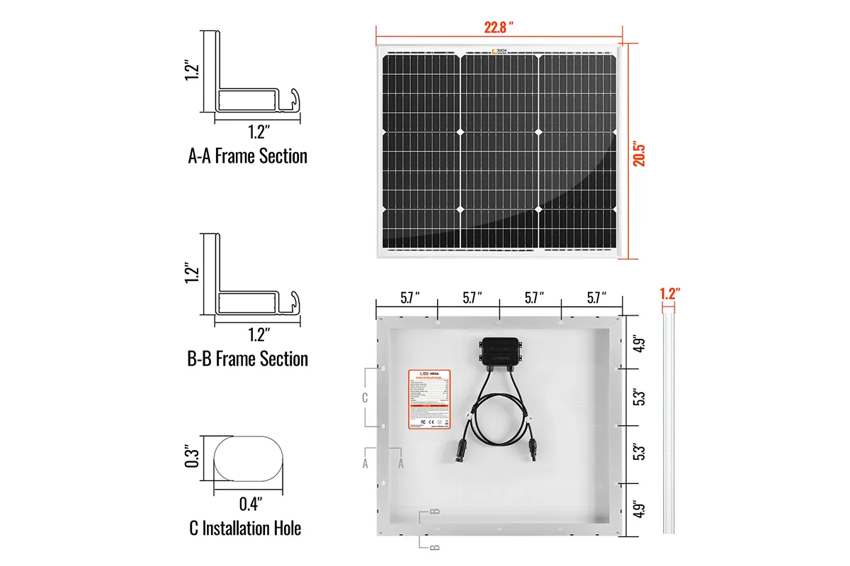 Technical diagram of a solar panel installation with dimensions and components.