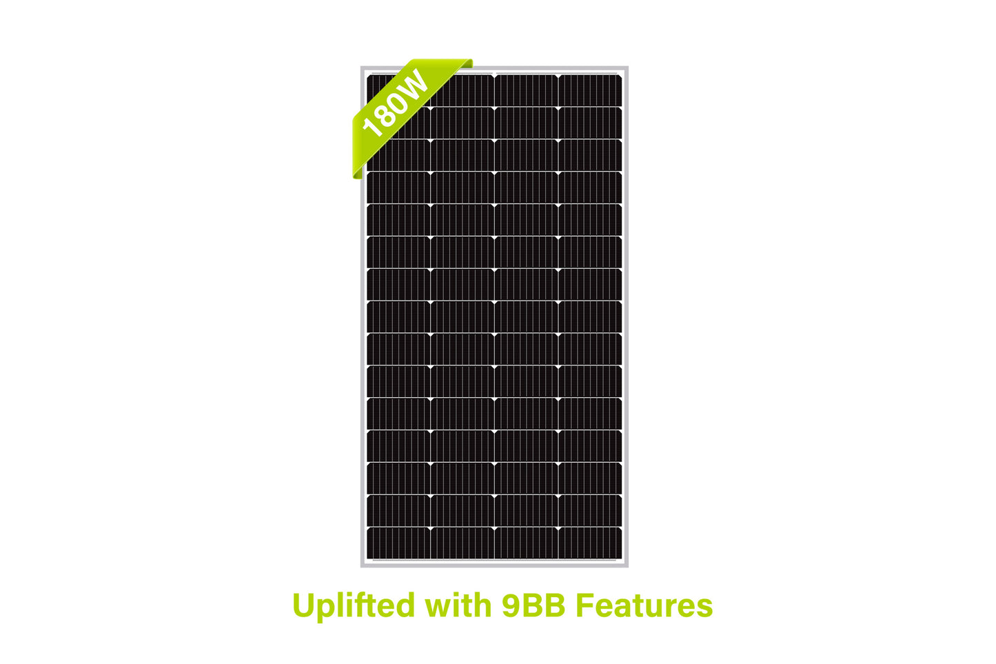 NewPowa 180W Monocrystalline 12V Solar Panel with sleek black surface, showcasing its high-efficiency design and durable construction.