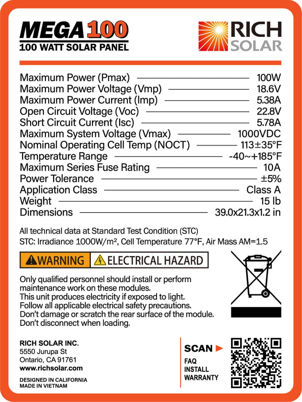 Rich MEGA 100 Watt 12V  Panel Specs