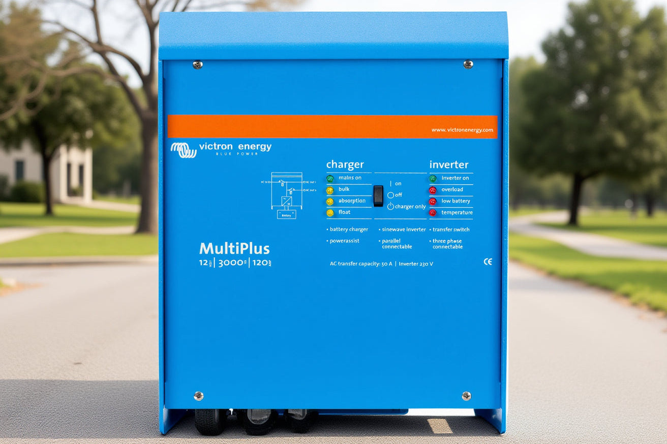 Blue Victron Energy MultiPlus power system on a white background
