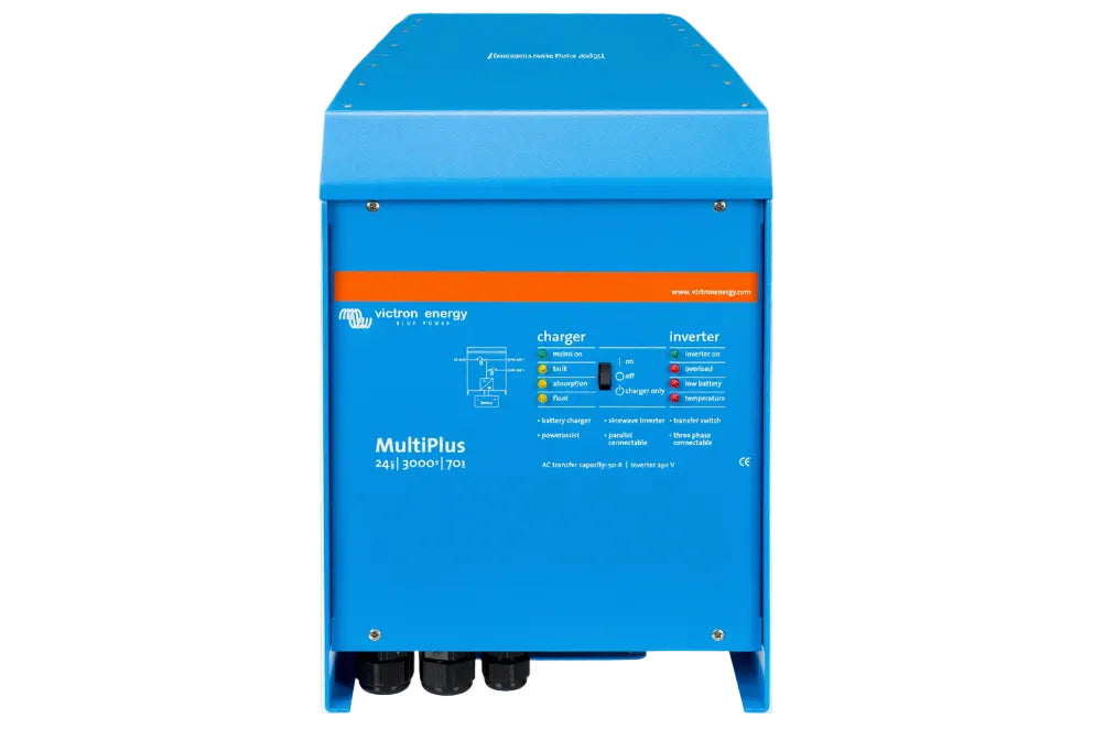 Blue Victron Energy MultiPlus charger and inverter on a white background