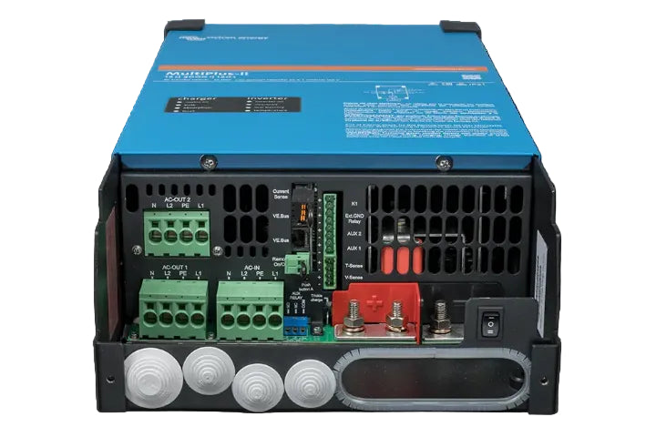 Back view of a power inverter with visible wiring and connectors on a white background